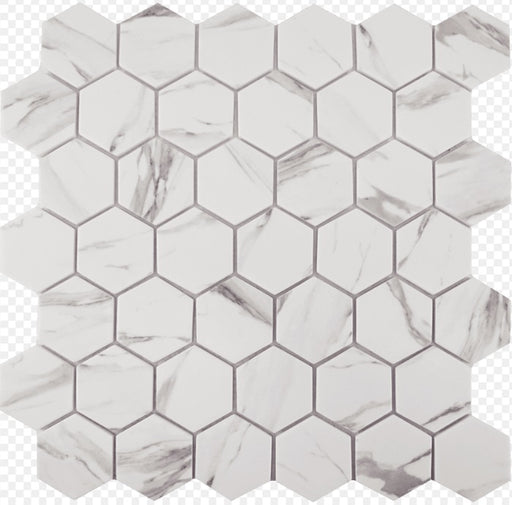 Full Sheet Sample - Native Calacatta Hexagon Glass Mosaic - 2" Matte