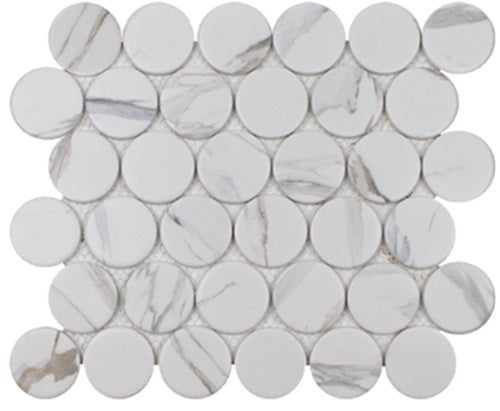 Full Sheet Sample - Native Calacatta Penny Round Glass Mosaic - 2" Matte