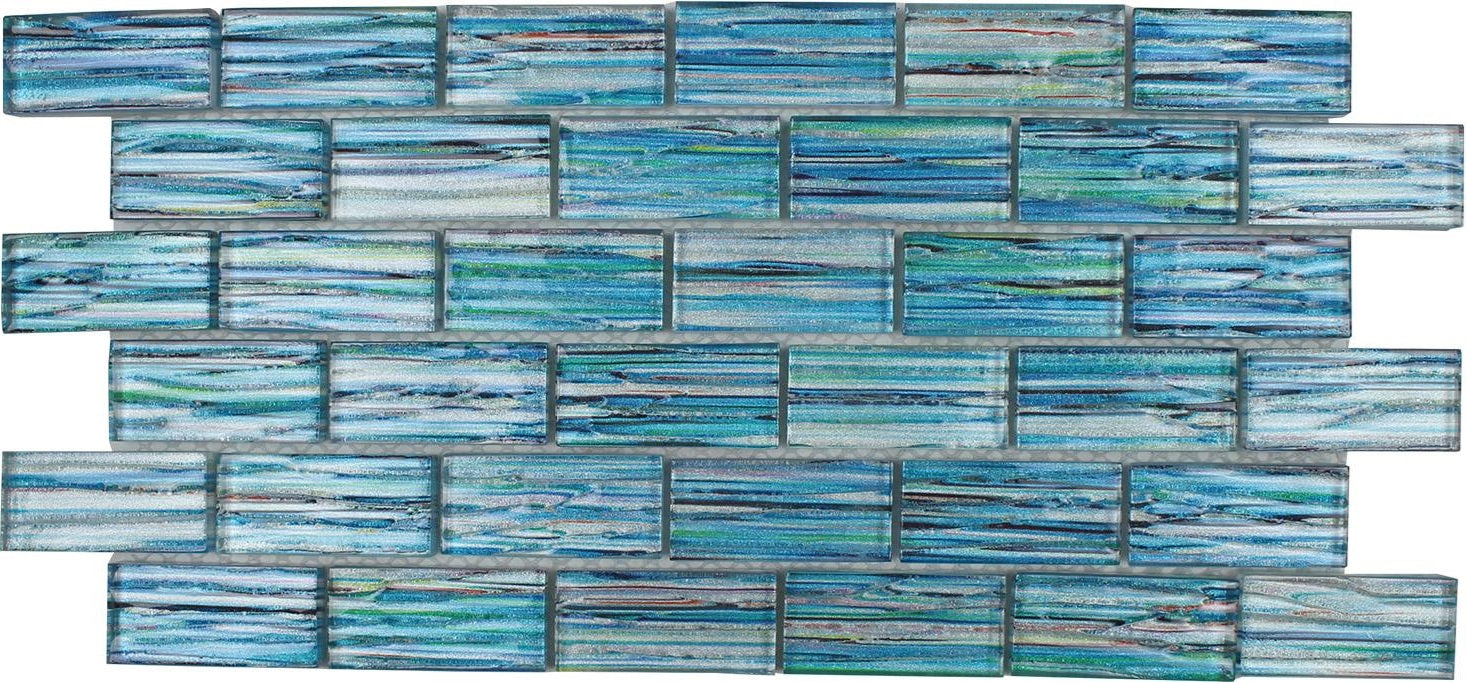 Full Sheet Sample - Aquatica Rainbow Aqua Staggered Glass Mosaic - 1" x 2" Glossy