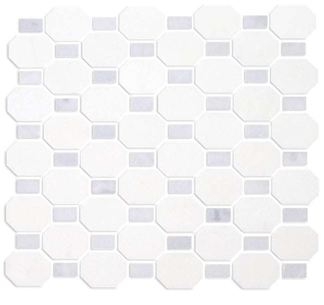 Full Sheet Sample - Metro Blend Thassos Blue Dot Octagon Natural Stone Mosaic - 11" x 12" Honed