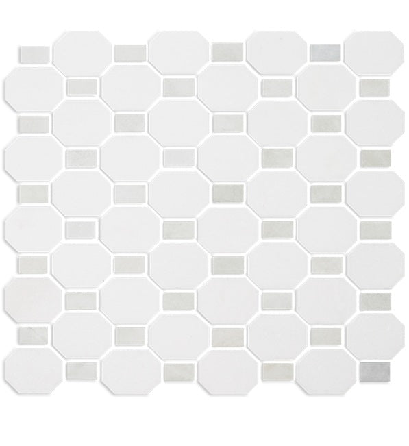 Full Sheet Sample - Metro Blend Thassos Green Dot Octagon Natural Stone Mosaic - 11" x 12" Honed