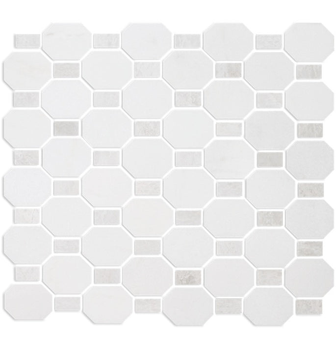 Full Sheet Sample - Metro Blend Thassos Iceberg Dot Octagon Natural Stone Mosaic - 11" x 12" Honed