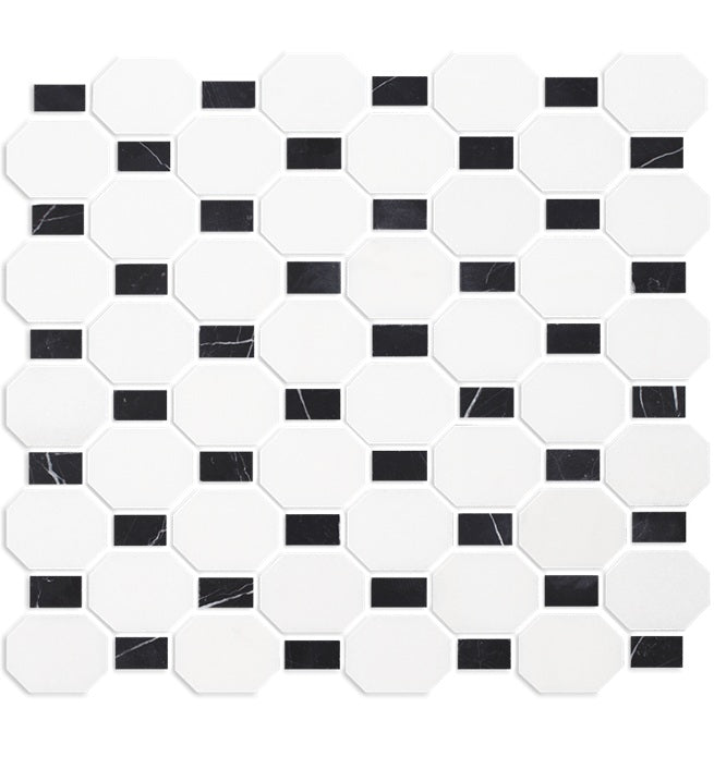 Full Sheet Sample - Metro Blend Thassos Nero Dot Octagon Natural Stone Mosaic - 11" x 12" Honed