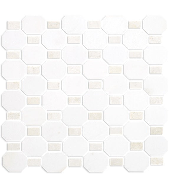 Full Sheet Sample - Metro Blend Thassos Nova Dot Octagon Natural Stone Mosaic - 11" x 12" Honed