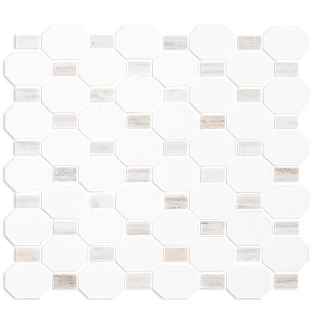 Full Sheet Sample - Metro Blend Thassos Skyline Dot Octagon Natural Stone Mosaic - 11" x 12" Honed