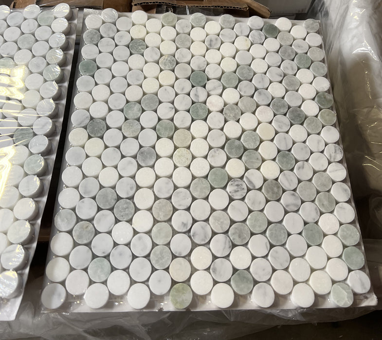 Thassos White Marble Mosaic - Penny Round with Ming Green & Carrara Polished 3