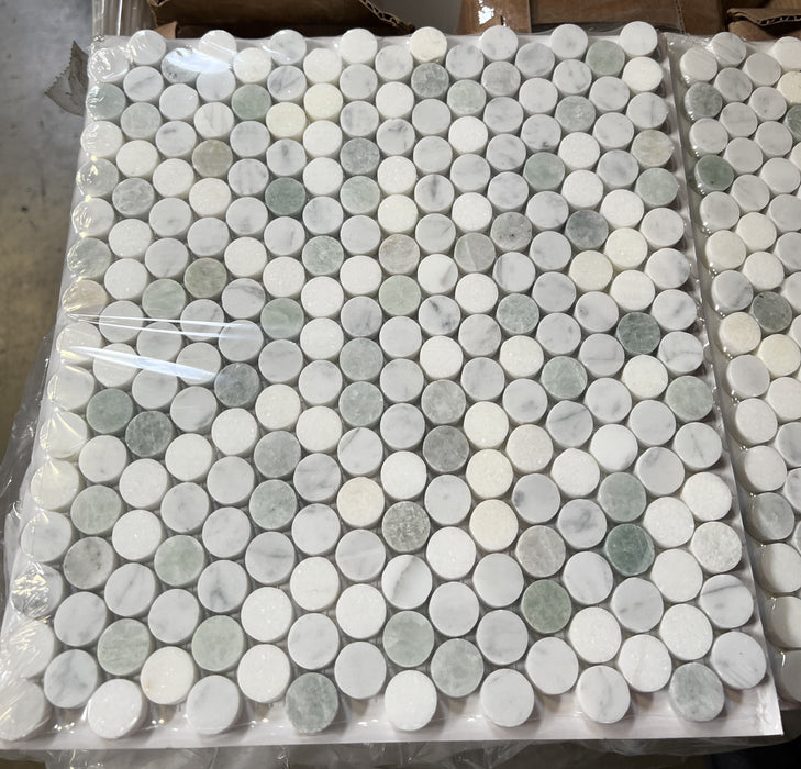 Thassos White Marble Mosaic - Penny Round with Ming Green & Carrara Polished 2