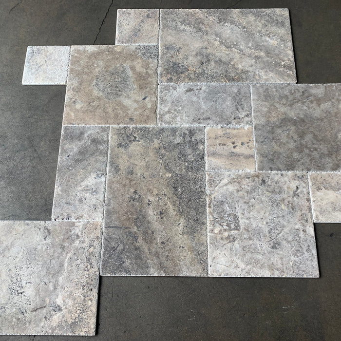 Titanium Travertine Chiseled & Brushed Versailles Pattern