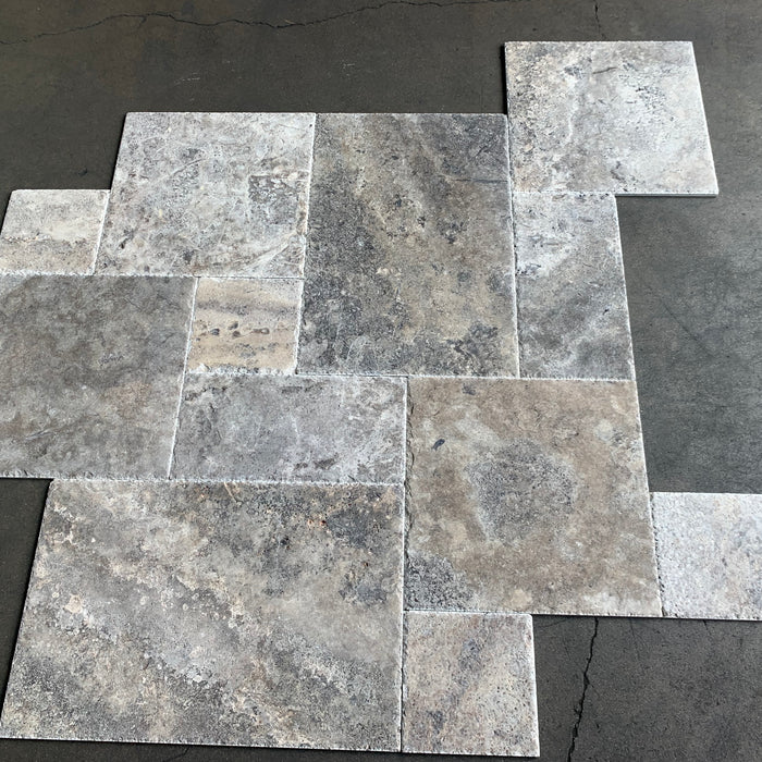 Titanium Chiseled & Brushed Travertine Versailles Pattern
