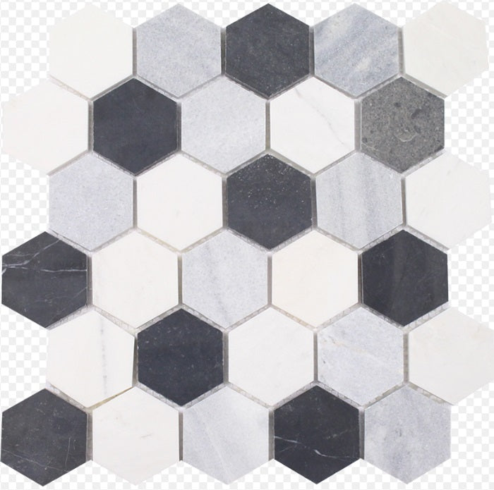 Full Sheet Sample - Metropolitan Blend White, Grey & Black Hexagon Natural Stone Mosaic - 11" x 11.25" Honed