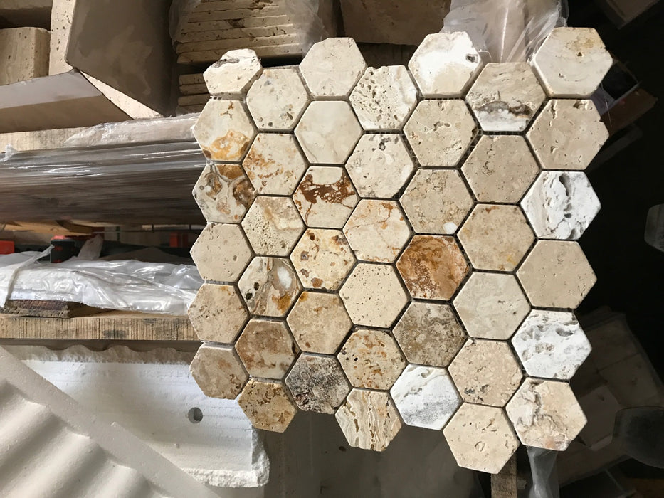 Valencia Tumbled Travertine Mosaic - 2" Hexagon