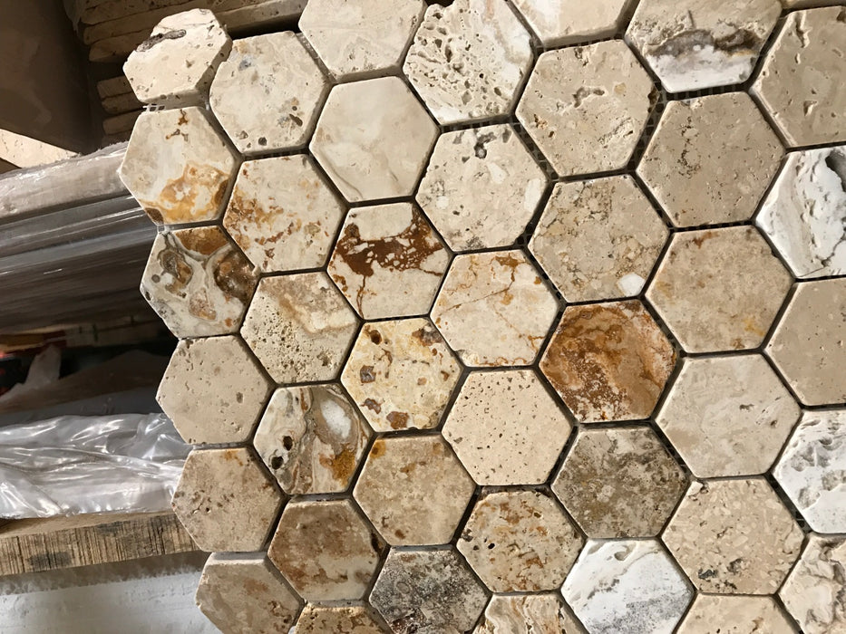 Valencia Travertine Tumbled Mosaic - 2" Hexagon