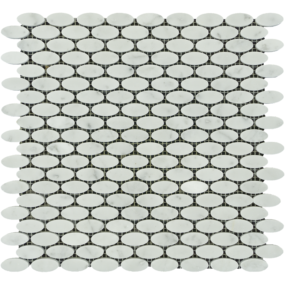 Full Sheet Sample - White Carrara Oval Marble Mosaic - 12" x 12" x 3/8" Polished