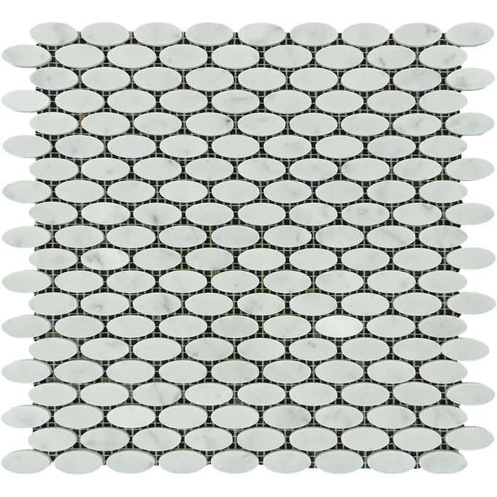 Full Sheet Sample - White Carrara Oval Marble Mosaic - 12" x 12" x 3/8" Polished