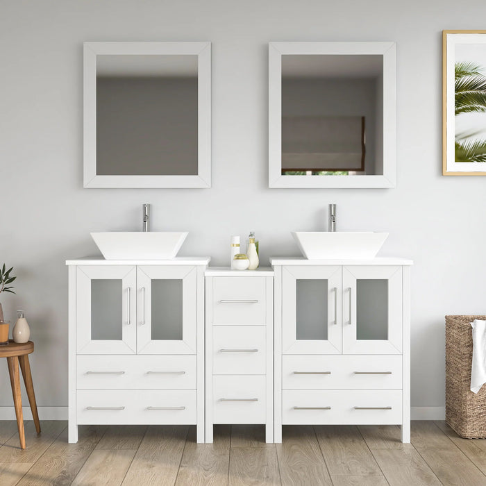 CVC White Solid Wood with Basin Engineered Marble Top and Mirror CVC24 Bathroom Cabinet - 60" x 18.5" x 36"
