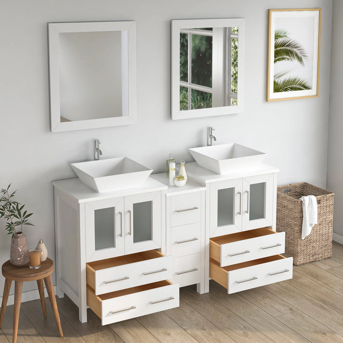 CVC White Solid Wood with Basin Engineered Marble Top and Mirror CVC24 Bathroom Cabinet - 60" x 18.5" x 36"
