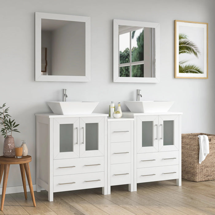 CVC White Solid Wood with Basin Engineered Marble Top and Mirror CVC24 Bathroom Cabinet - 60" x 18.5" x 36"