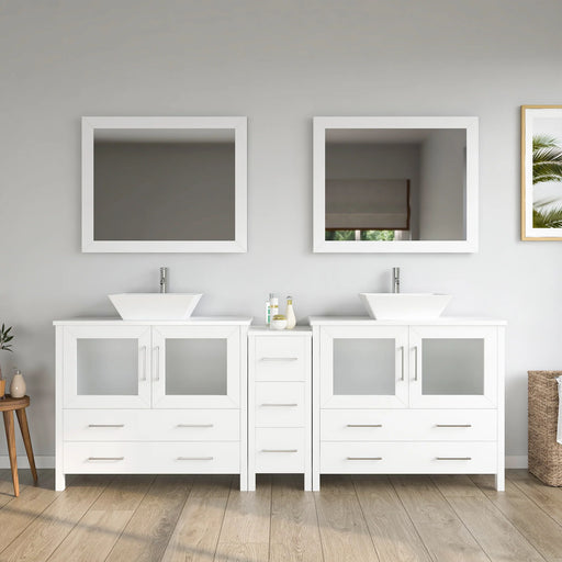 CVC White Solid Wood with White Engineered Marble Top and Mirror CVC36 Bathroom Cabinet - 84" x 18.5" x 36"