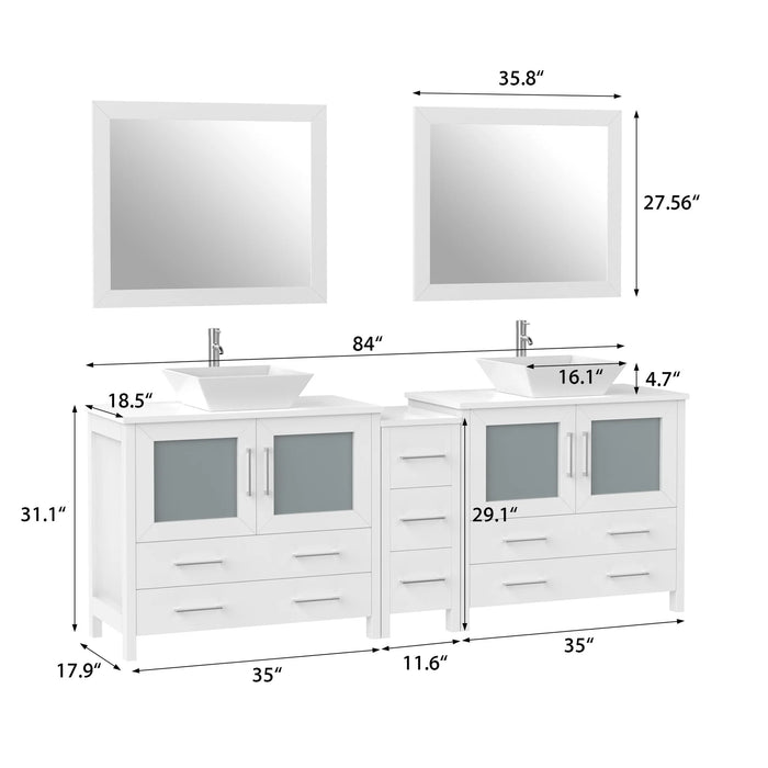 CVC White Solid Wood with White Engineered Marble Top and Mirror CVC36 Bathroom Cabinet - 84" x 18.5" x 36"