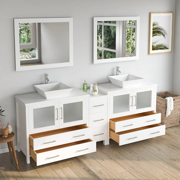 CVC White Solid Wood with White Engineered Marble Top and Mirror CVC36 Bathroom Cabinet - 84" x 18.5" x 36"