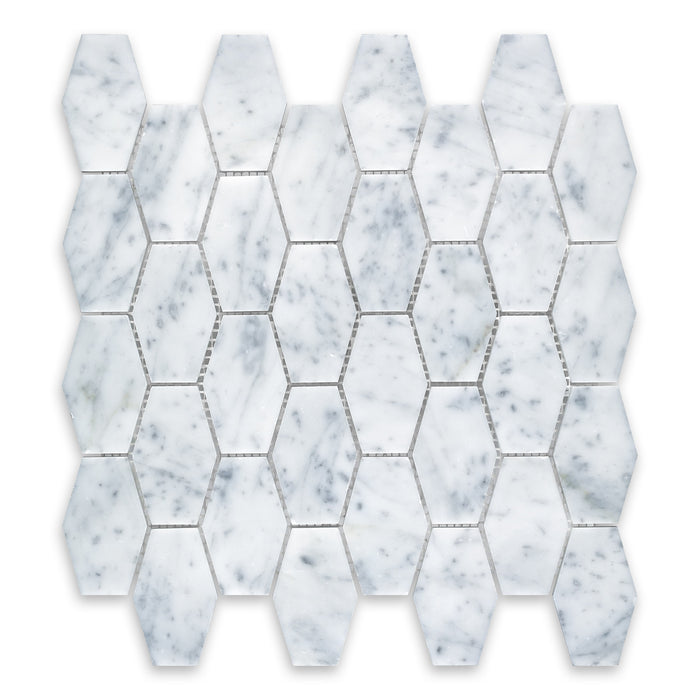 White Carrara Marble Mosaic - 2" x 3" Elongated Hexagon 