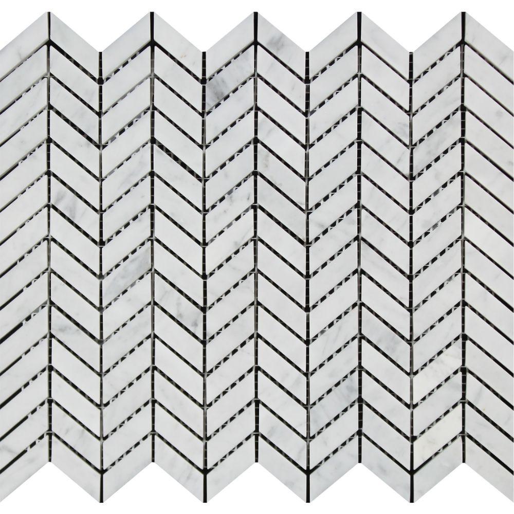 Full Sheet Sample - White Carrara Marble Mosaic - Mini Chevron Honed