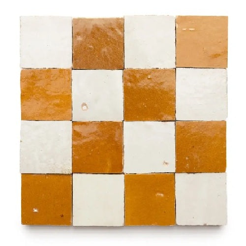 Full Tile Sample - Zellige Amber Casablanca Checkerboard Clay Tile - 2" x 2" x 3/8" Glazed