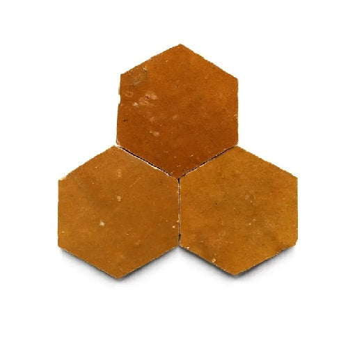 Full Tile Sample - Zellige Amber Clay Tile - 3.5" x 4" Hexagon x 3/8" Glazed