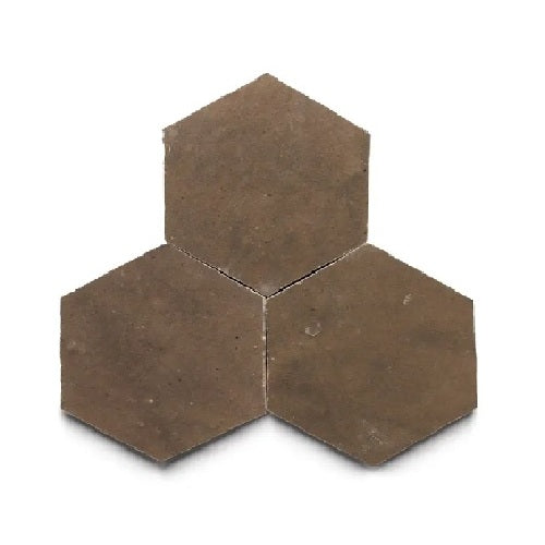Full Tile Sample - Zellige Brownstone Clay Tile - 3.5" x 4" Hexagon x 3/8" Glazed