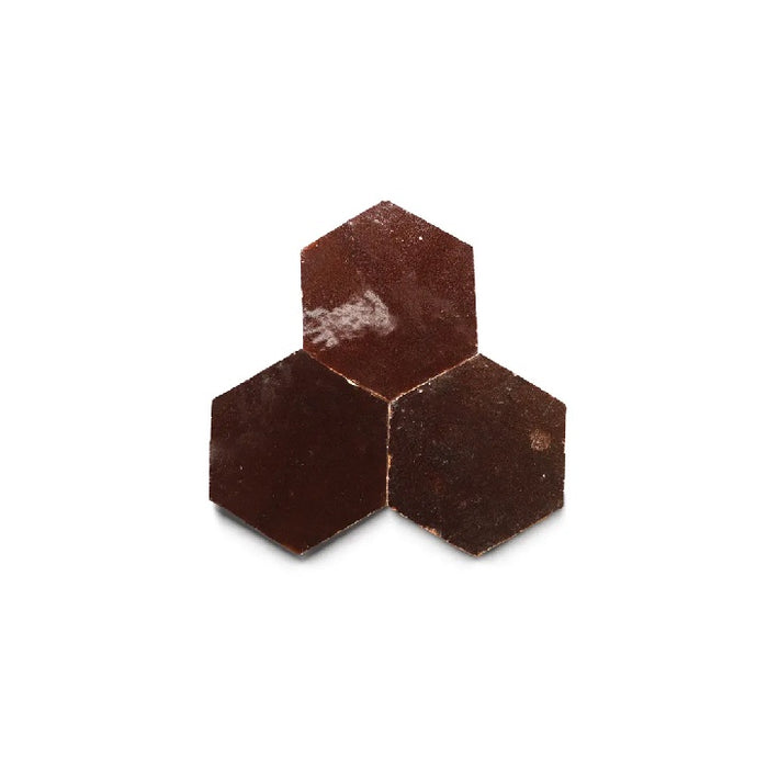 Full Tile Sample - Zellige Burnt Sugar Clay Tile - 3.5" x 4" Hexagon x 3/8" Glazed