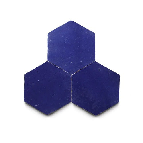 Full Tile Sample - Zellige Moroccan Blue Clay Tile - 3.5" x 4" Hexagon x 3/8" Glazed