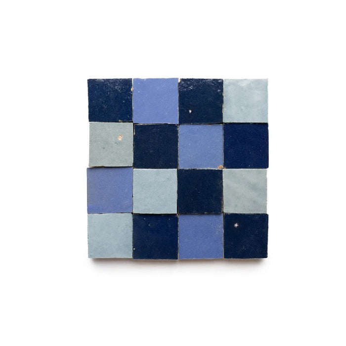 Full Tile Sample - Zellige Night Blue Skylight Portuguese Checkerboard Clay Tile - 2" x 2" x 3/8" Glazed