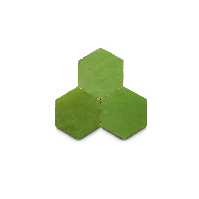 Full Tile Sample - Zellige Prairie Green Clay Tile - 3.5" x 4" Hexagon x 3/8" Glazed