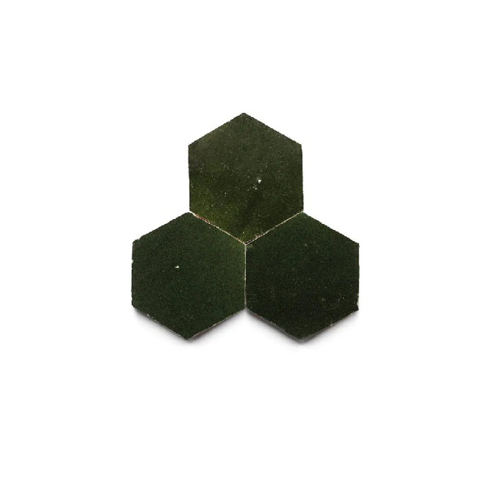 Full Tile Sample - Zellige Racing Green Clay Tile - 3.5" x 4" Hexagon x 3/8" Glazed