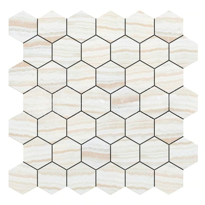 White Vein Cut Polished Onyx Mosaic - 2" Hexagon