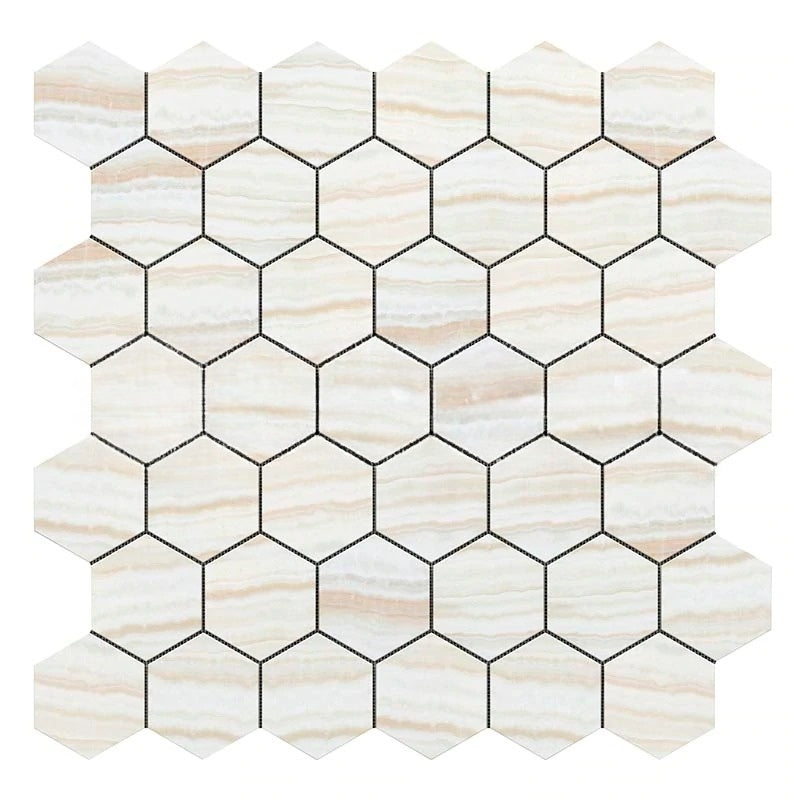 White Vein Cut Polished Onyx Mosaic - 2" Hexagon