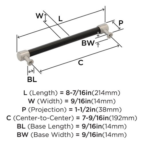 Fairlane Zinc & Leather Black Leather / Satin Nickel Cabinet Pull 13