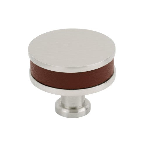 Fairlane Zinc & Leather Brown Leather / Satin Nickel Cabinet Knob 1