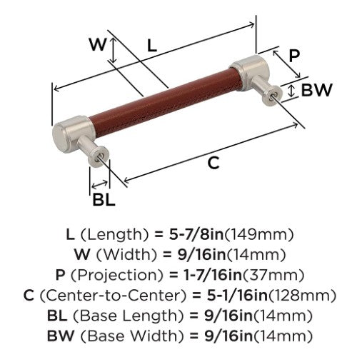 Fairlane Zinc & Leather Brown Leather / Satin Nickel Cabinet Pull 11