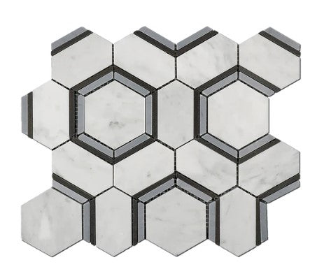 Carrara, Bardiglio & Basalt Waterjet Polished Marble Mosaic - Hexagon Combo