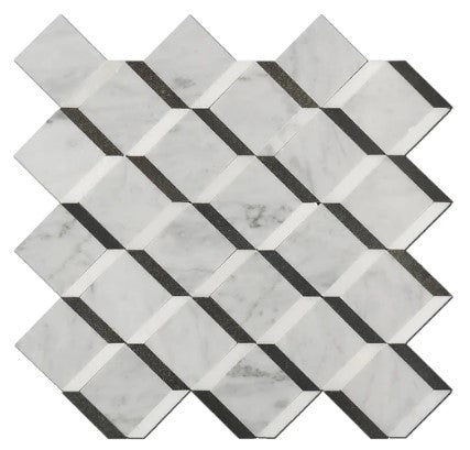 Carrara & Black Waterjet Polished Marble Mosaic -  3D Cubes