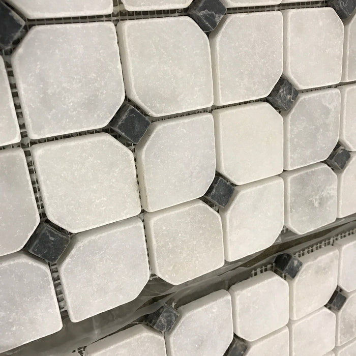 Carrara Venatino Marble Tumbled  Mosaic - Octagon with Black Dots