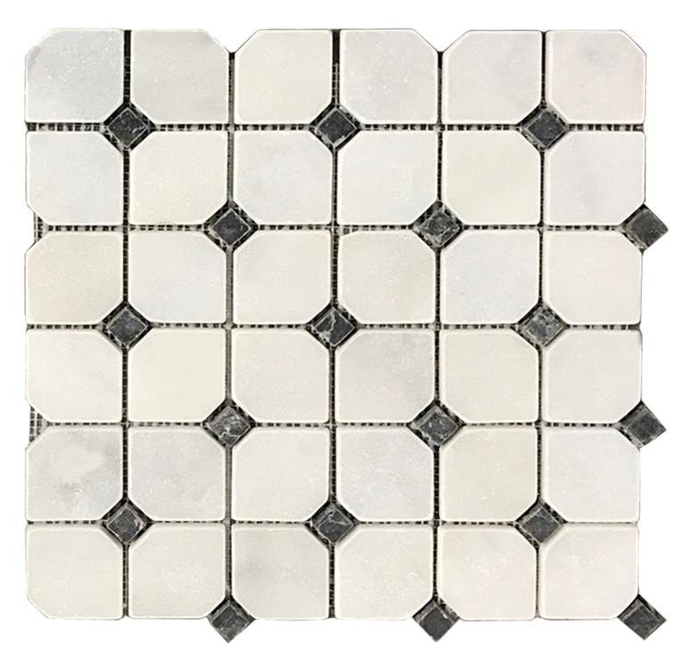 Carrara Venatino Marble Mosaic - Octagon with Black Dots Tumbled