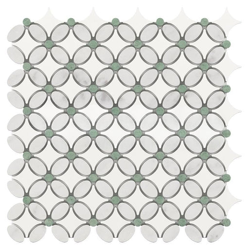 White Carrara Marble Mosaic - Flower with Ming Green Dots Honed