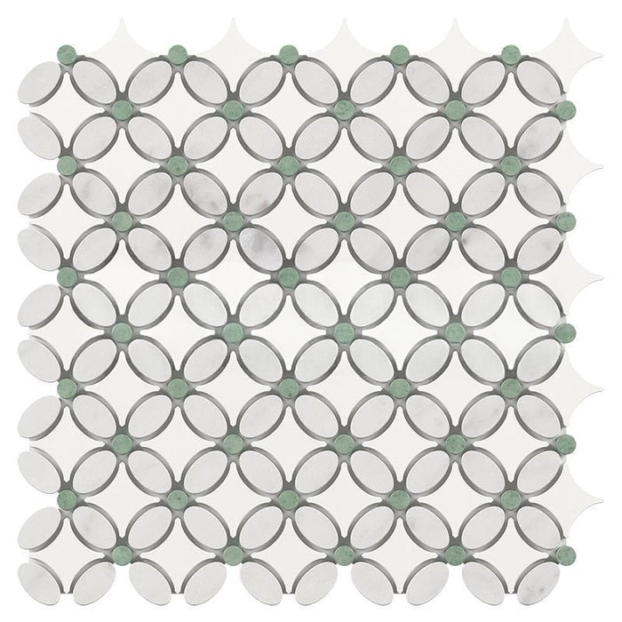 White Carrara Marble Mosaic - Flower with Ming Green Dots Honed