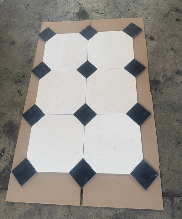 Champagne Octagon Limestone with Nero Marquina Keys Marble Tile Honed