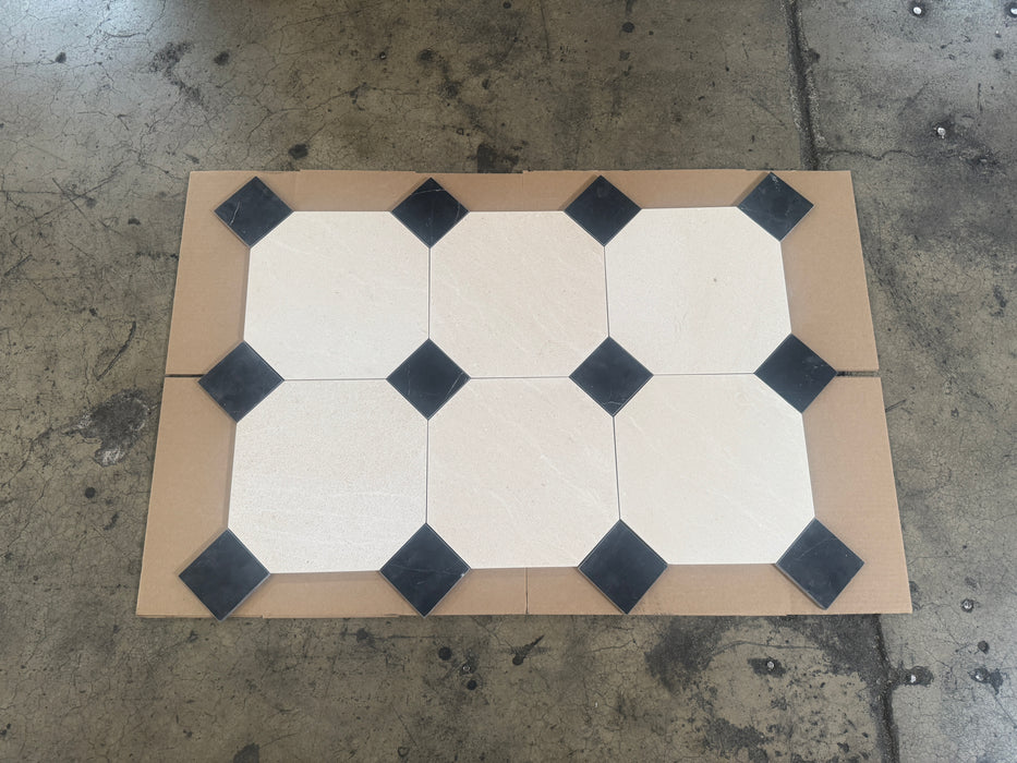 Champagne Octagon Limestone with Nero Marquina Keys Marble Honed Tile 