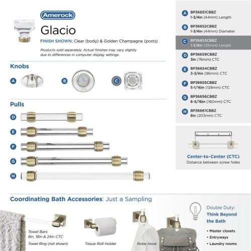 Glacio Aluminum & Glass Clear / Golden Champagne Cabinet Knob 19