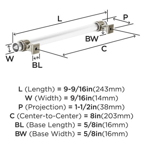 Glacio Zinc & Glass Clear / Polished Nickel Cabinet Pull 10