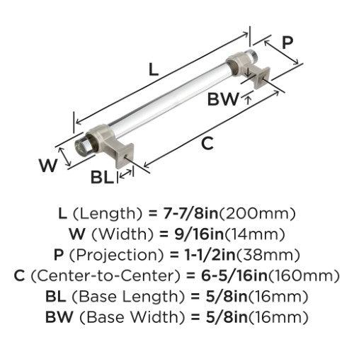 Glacio Zinc & Glass Clear / Satin Nickel Cabinet Pull 9
